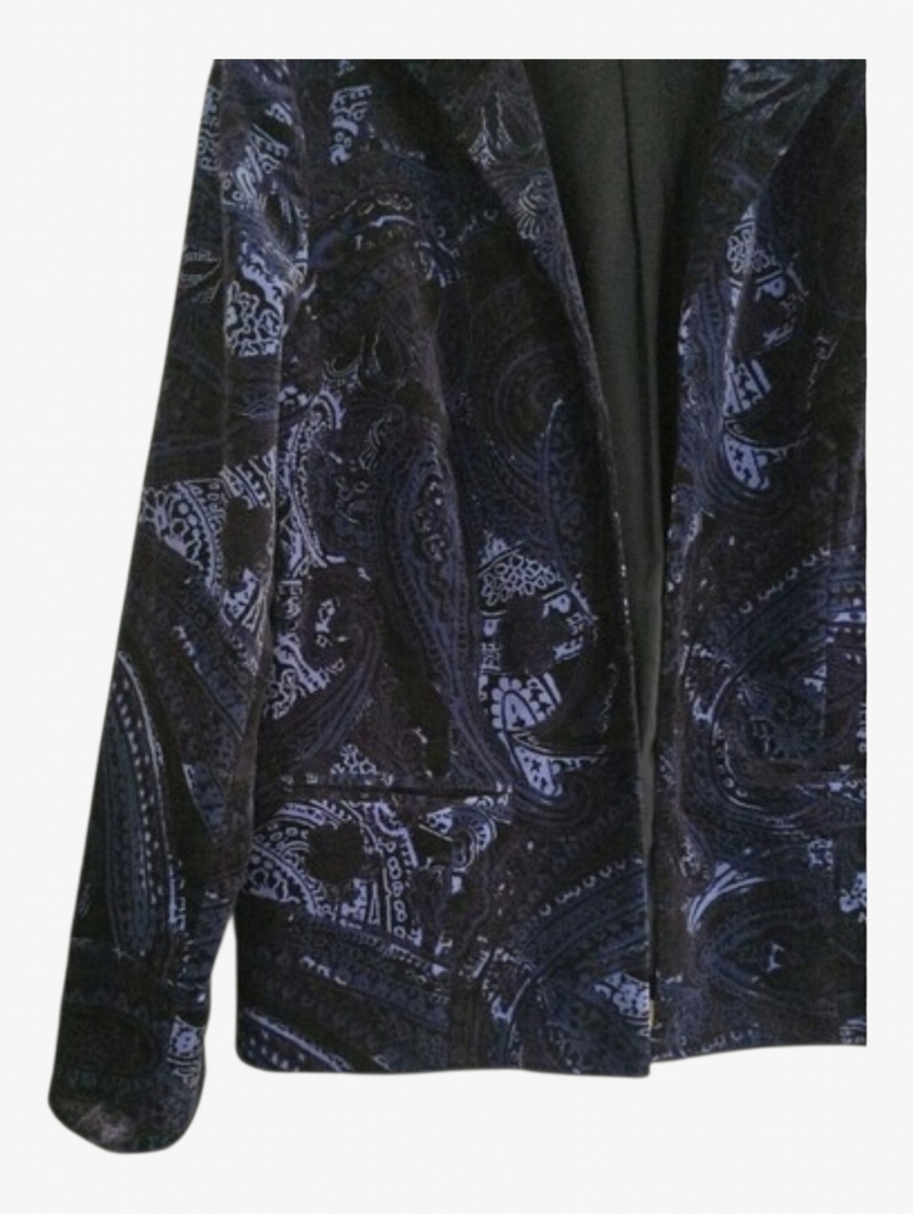 Chico's Velvet Paisley Jacket Womens Medium Blue Black Open Front Blazer - Picture 6 of 11